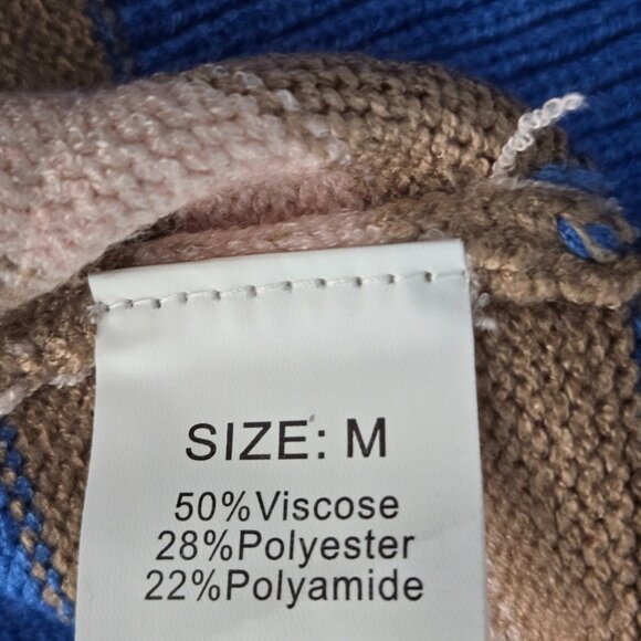 NWOT | Blue Tan Striped Button Up Cardigan Sweater Collarless Crewneck | Medium - Picture 4 of 5